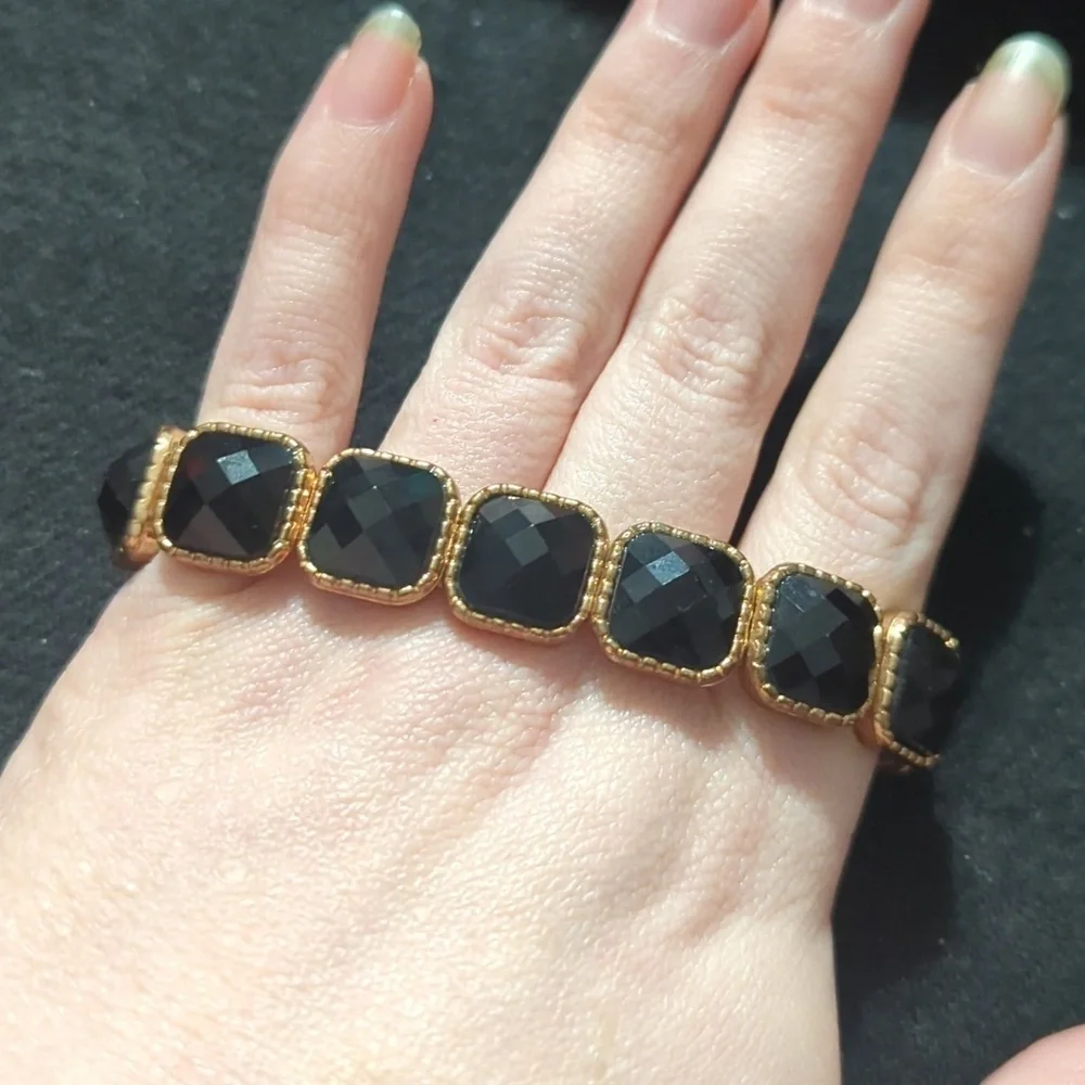 Gold Tone Black Faceted Rhinestone Stretchy Elastic Statement Bracelet